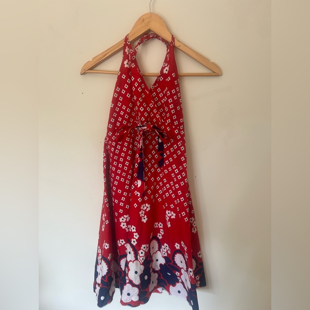 Vintage Red Halter Dress with Floral Pattern